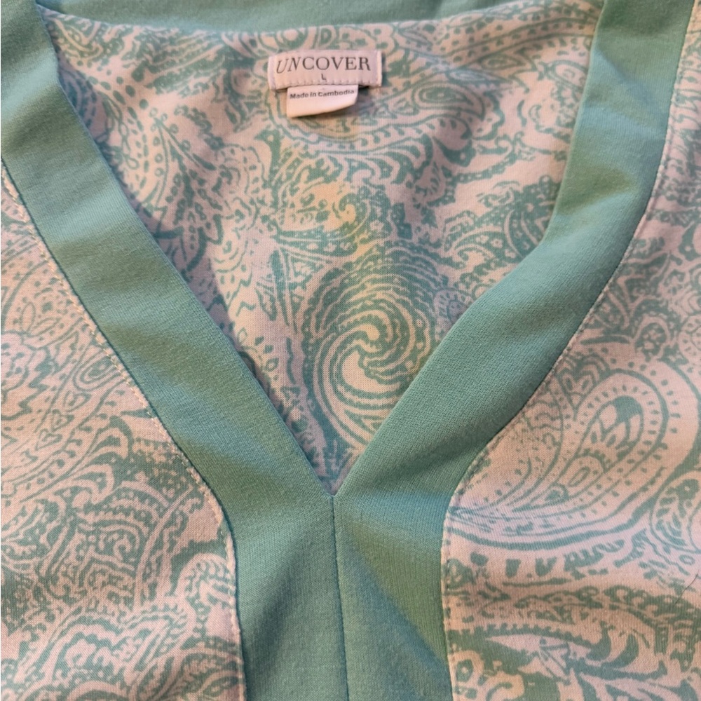 Uncover Teal Paisley Nightgown L Soft Retro Lounge Dress Housecoat VTG Pockets